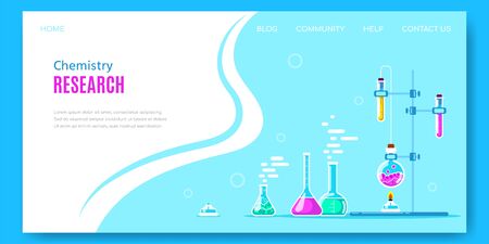 Chemistry concept banner design with laboratory equipment. Chemistry laboratory research. Flat style illustration.のイラスト素材
