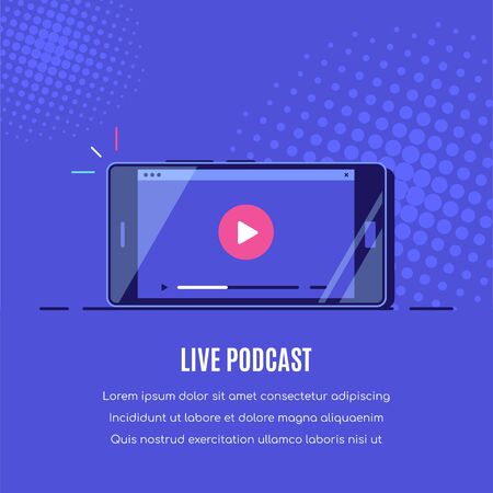 Modern smartphone with online video player on screen. Mobile streaming, live podcast, mobile video, TV concept banner. Flat style vector design.のイラスト素材