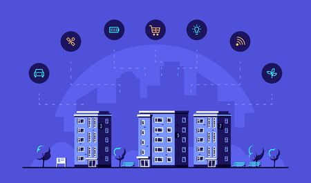 Cityscape with modern Residential Houses and Icons. Smart City Concept Banner Design. Flat style Vector Illustration.のイラスト素材