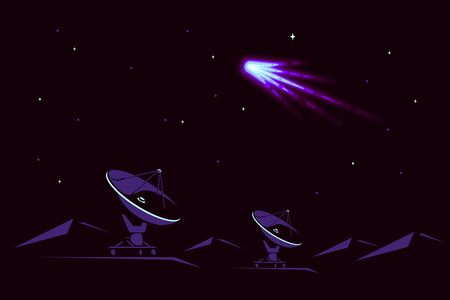 Space banner with radiotelescope and comet in the sky. Space research concept banner, exploring...