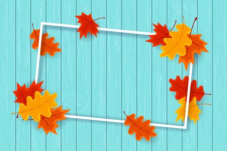 Autumn background witn leaves, wooden texture and empty frame with copy space for text. Vector illustration.のイラスト素材