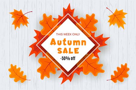 Autumn sale vector banner abstract background design with fall leaves, autumn typography and discount text. Vector illustration.のイラスト素材