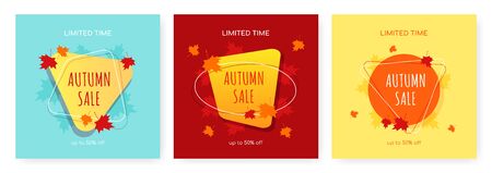 Set of autumn sale vector banner abstract background design with fall leaves, autumn typography and discount text. Vector illustration.のイラスト素材