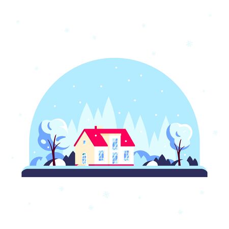 Winter forest house, winter landscepe with trees on family home. Real estate concept. Vector illustration in flat design styleのイラスト素材