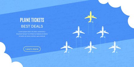 Planes flying above the clouds over blue textured background, flat style illustration, banner for business, website etc., traveling, vacation, around the world conceptのイラスト素材