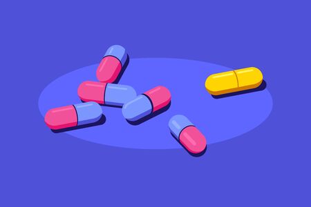 Pills and tablets of medical drugs on blue background. Healthcare, pharmacy, drug store concept banner. Medication, pharmaceutics concept. Flat style illustration.のイラスト素材