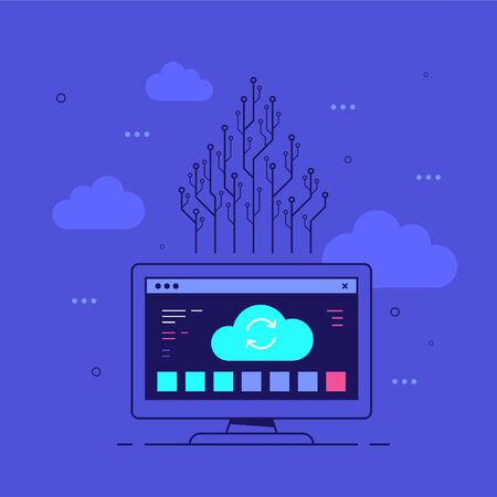 Cloud computing concept banner. Cloud server data transfer and storage. Computer monitor with cloud upload icon on screen. Flat style vector illustration.のイラスト素材