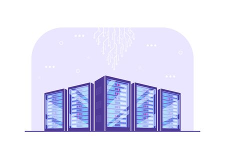 Working server server cabinets. Data storage, cloud storage, data center concept. Flat style banner design.のイラスト素材
