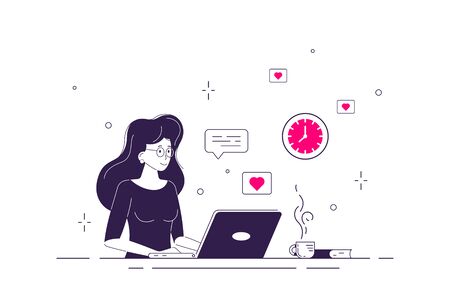 Young woman at the desk is working on the laptop computer. Business lady or company worker. Vector illustration in flat style for website, presentation and promotional materialsのイラスト素材