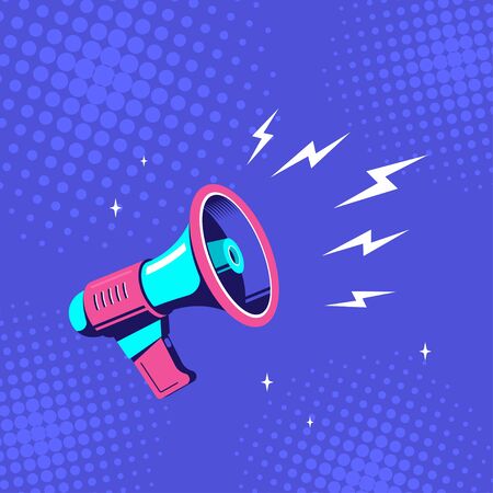 Loudspeaker or megaphone on blue background. Digital marketing, advertisement concept. Vector illustration.のイラスト素材