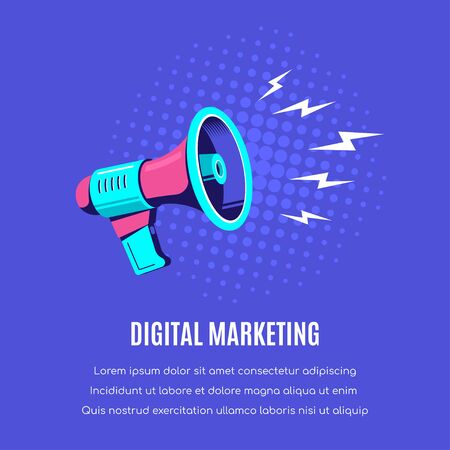Loudspeaker or megaphone on blue background. Digital marketing, advertisement concept. Vector illustration.のイラスト素材