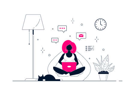 Young black woman at home sitting in chair bag and working on computer. Remote working, home office, self isolation concept. Flat style line art illustration, isolated on white background.のイラスト素材