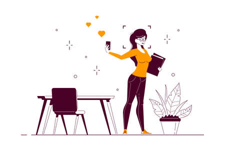 Young business lady making selfie with smartphone, flat style line art vector illustrationのイラスト素材