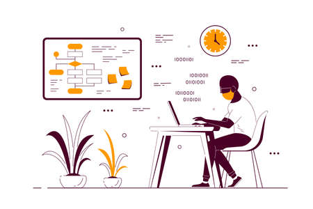 Young black man working on laptop at the desk in office. Flat style line art illustrationのイラスト素材