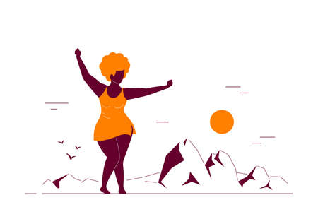 Attractive black woman plus size dancing on the beach. Body positive, summer beach party concept. Flat style line art vector illustrationのイラスト素材