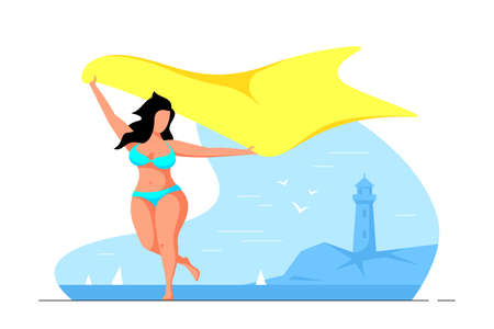 Body positive, plus size woman running with scarf at the beach. Summer vacation, self acceptance concept. Flat style vector illustrationのイラスト素材