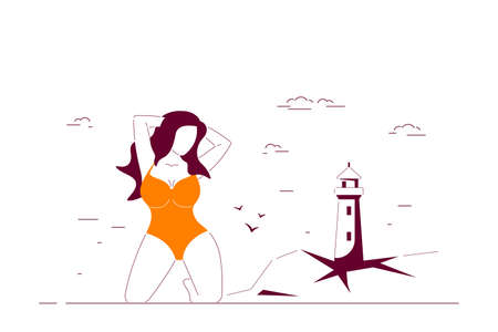 Body positive, plus size woman posing on the knees on the beach. Summer vacation, life of people xl size concept. Flat style line art vector illustration.のイラスト素材