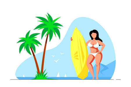Attractive woman plus size on beach holding a surfboard. Summer female body positive concept. Flat style vector illustration.のイラスト素材