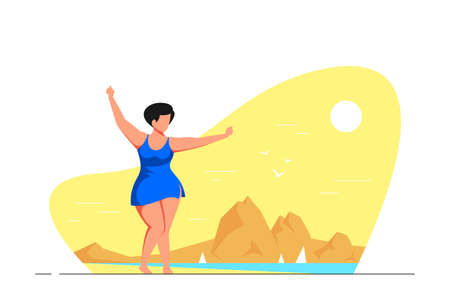 Attractive woman plus size in swim suit dancing on the beach. Body positive, summer beach party concept. Flat style vector illustrationのイラスト素材