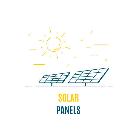 Solar panels and the sun, logo or icon design. Solar power, photovoltaic technology concept. Flat...