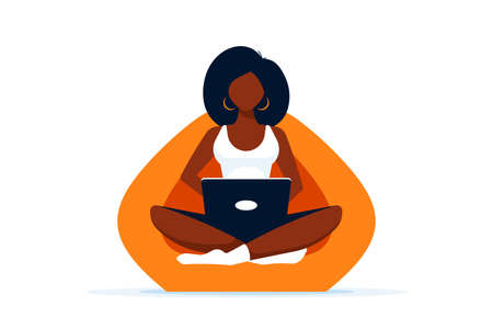 Young black woman at home sitting in chair bag and working on computer. Remote working, home office, self isolation concept. Flat style illustration, isolated on white background.のイラスト素材