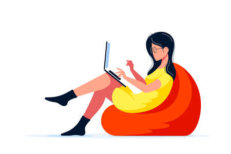 Young woman sitting in chair bag and working on computer. Remote working, home office, self isolation concept. Flat style illustration, isolated on white background.のイラスト素材