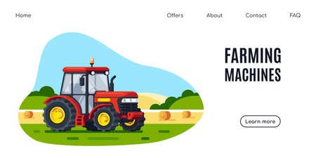 Modern tractor in the field, rural landscape. Farming machines. Flat style banner design