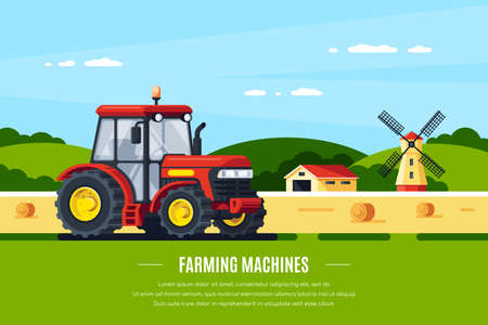 Modern tractor in the field, rural landscape. Farming machines. Flat style banner design