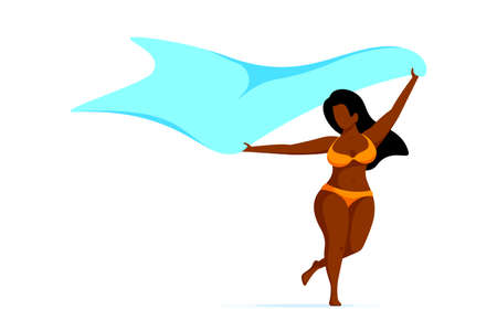 Body positive, plus size black african american woman running with scarf. Summer vacation, self acceptance concept. Flat style vector illustration isolated on white background.のイラスト素材