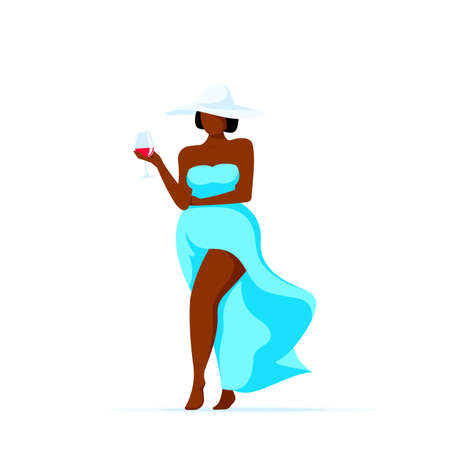 Attractive elegant plus size black african american woman walking glass of wine. Body positivity, self acceptance, summer vacation, travel and tourism concept. Flat style vector illustration isolated on white backgroundのイラスト素材