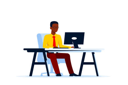 Black business man working on computer at the desk. Flat style illustration isolated on white backgroundのイラスト素材