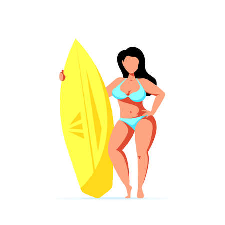 Attractive woman plus size holding a surfboard. Summer female body positive concept isolated on white background. Flat style vector illustration.のイラスト素材
