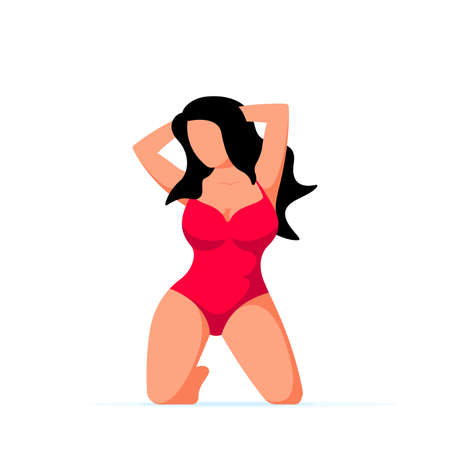 Body positive, plus size attractive woman in swimming suit posing on the knees. Summer vacation, life of people xl size concept. Flat style vector illustration isolated on white backgroundのイラスト素材