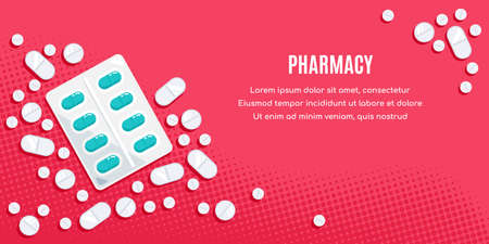 Flat style banner design with medicines. Tablets, capsules, drug of painkillers, antibiotics, vitamins. Vector illustration for medical or healthcare presentation, websites and layout template designのイラスト素材