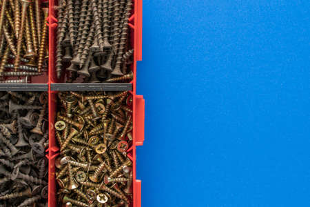 Screws, bolts, nuts and other carpenter stuff in a plastic toolbox (hardware organizer). Flat lay...