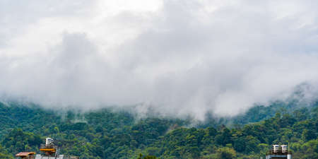 Hills with jungle in Nepal, covered with fog. Landscape with tropical rainforest. Reference image...