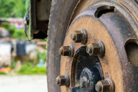 Close up photo of bus or truck front wheel. Transportation concept, stock photo.の写真素材