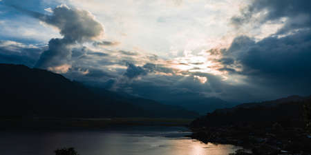 Beautiful landscape with Mountain Range and Pheva Lake During Sunset Time. Sunset landscape in...