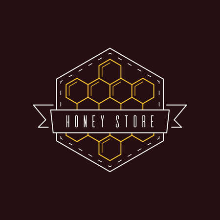 Organic and eco honey label isolated on black background. Outline logo or badge design template. Honey production company, honey package.のイラスト素材