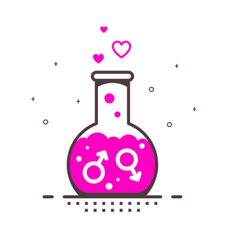 Laboratory Flask filled with red Liquid with two Spear of Mars Signs. Homosexual Love, Gay couple Concept. Outlined Flat Style Illustration isolated on white backgroundのイラスト素材