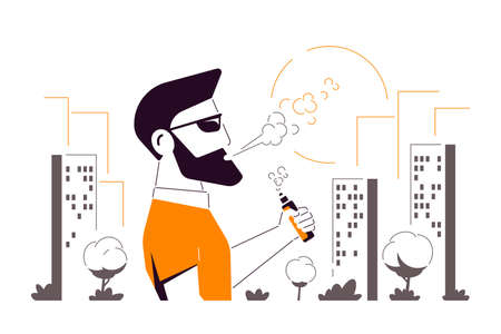 Vaping Activity Concept. African American Male Character Enjoying Vape Smoking Outdoors. Unhealthy...