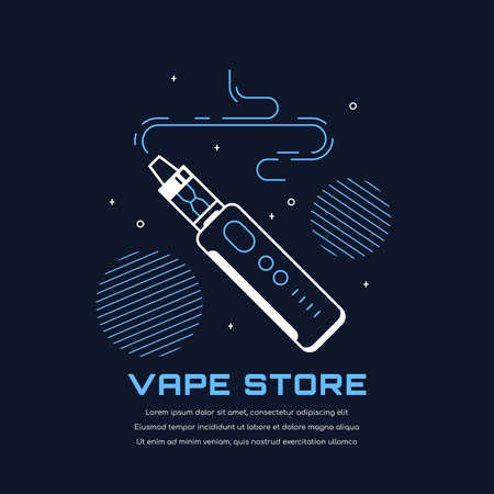 Vaping pen device kit and mod. Vape shop badge design isolated on black background. Flat style outline vector illustration of electronic cigarette. Vape smoking concept.のイラスト素材
