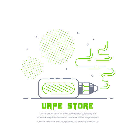 Vaping pen device kit and mod. Vape shop badge design isolated on white background. Flat style outline vector illustration of electronic cigarette. Vape smoking concept.のイラスト素材