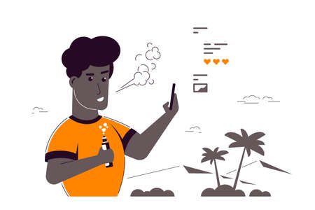 Vaping Activity Concept. African American Male Character Enjoying Vape Smoking Outdoors. Unhealthy...