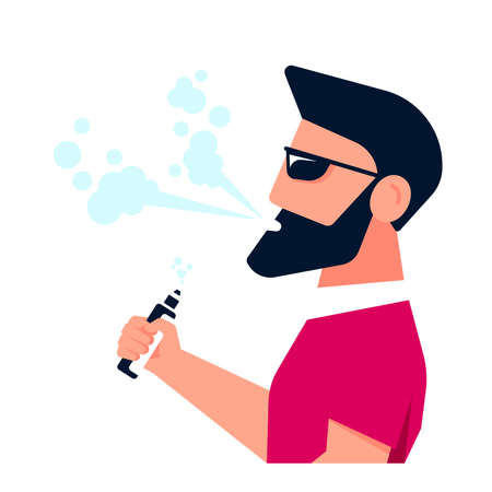 Vaping Activity Concept. Caucasian Male Character Enjoying Vape Smoking Isolated on white...