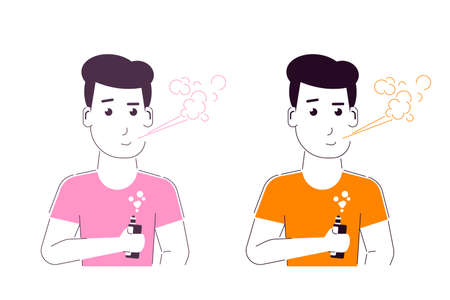 Vaping Activity Concept. Caucasian Male Character Enjoying Vape Smoking Isolated on white background. Unhealthy Living, Hipster Lifestyle Concept Design. Flat Style Bannerのイラスト素材