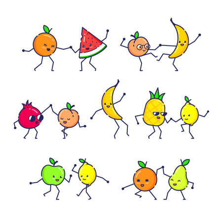 Set of Dancing Funny Fruits Isolated on White Backgroundのイラスト素材