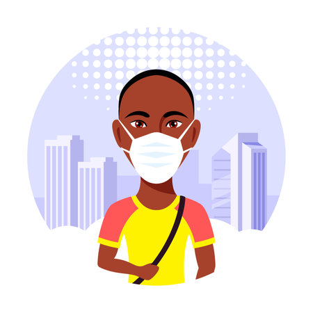 Young Man Wearing Face Mask, Flat Style Vectorのイラスト素材