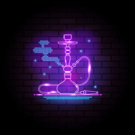 Hookah neon signs on dark brick wall background