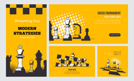 Set of Banner Templates of Different Sizes. Chess Club, Chess Tournament, International Chess Day, Online Chess Streamingのイラスト素材